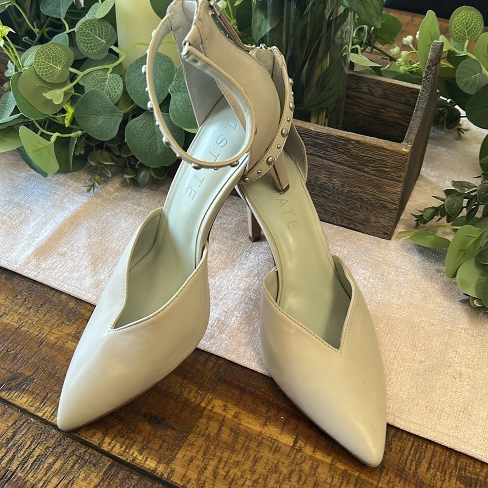 1. State Studded Ankle Strap Leather Heels Neutral Size 8